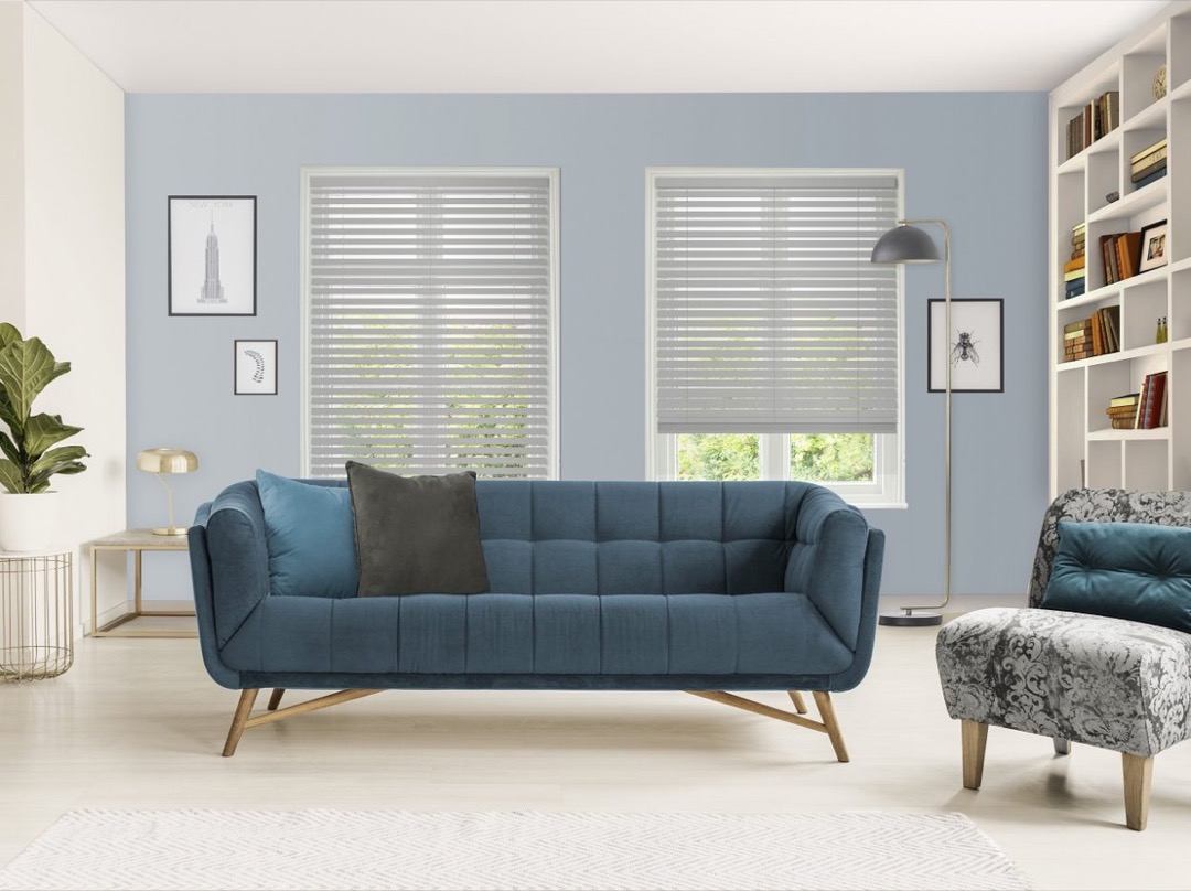 Venetian grey blinds in living room